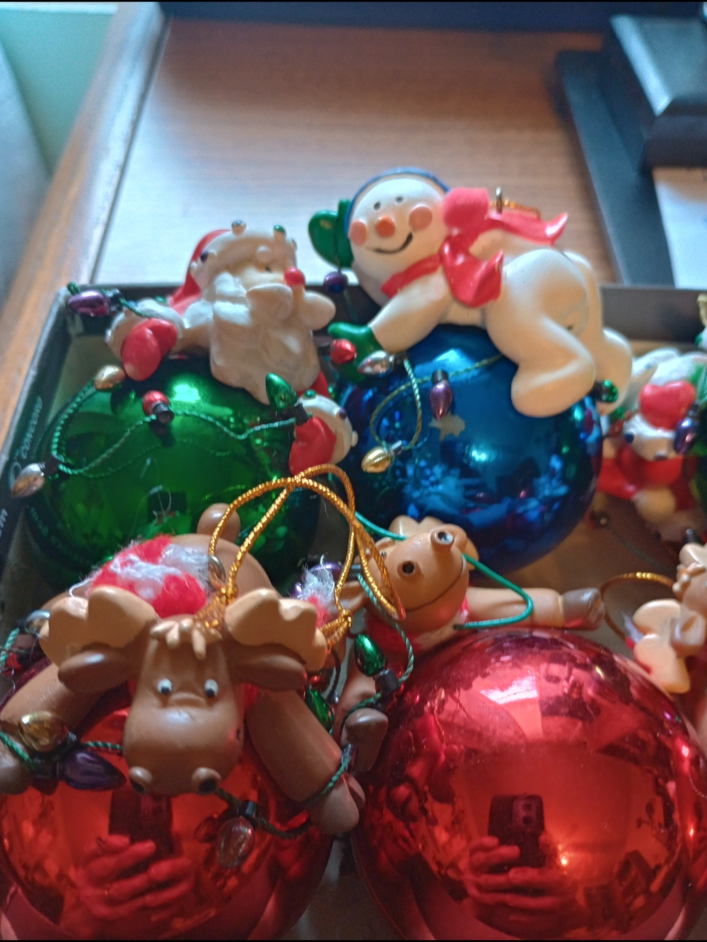 Assorted Christmas Tree Ornaments - Red, Green, Blue,Thomas Pacconi. 11 Total.